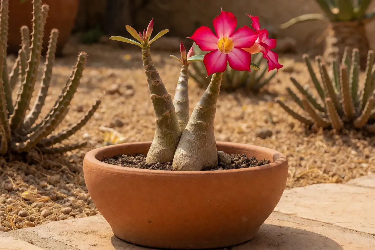 Rosa-do-deserto em vaso raso de barro em pátio ensolarado