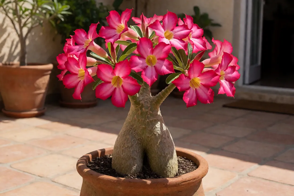 Rosa-do-deserto-de-verão adulta com caudex grosso e flores rosas em vaso de barro ao sol