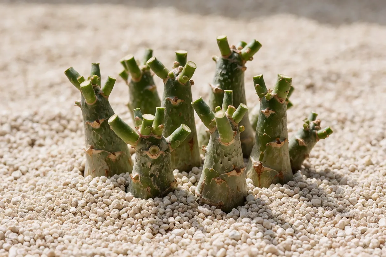 Estacas de rosa do deserto preta preparadas para enraizamento