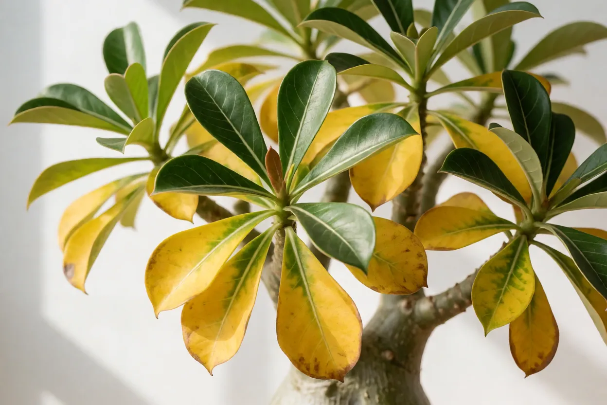 Folhas amareladas e caudex de rosa do deserto com sinais de problema