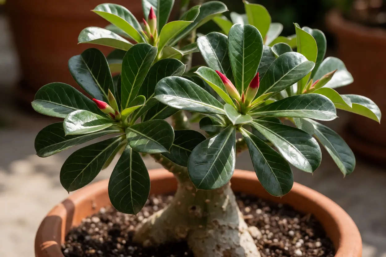 Rosa do deserto preta saudável em ambiente ideal de cultivo