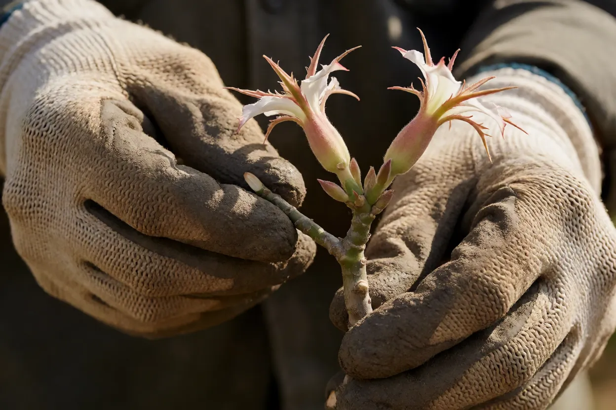 M&atilde;os com luvas manuseando rosa-do-deserto