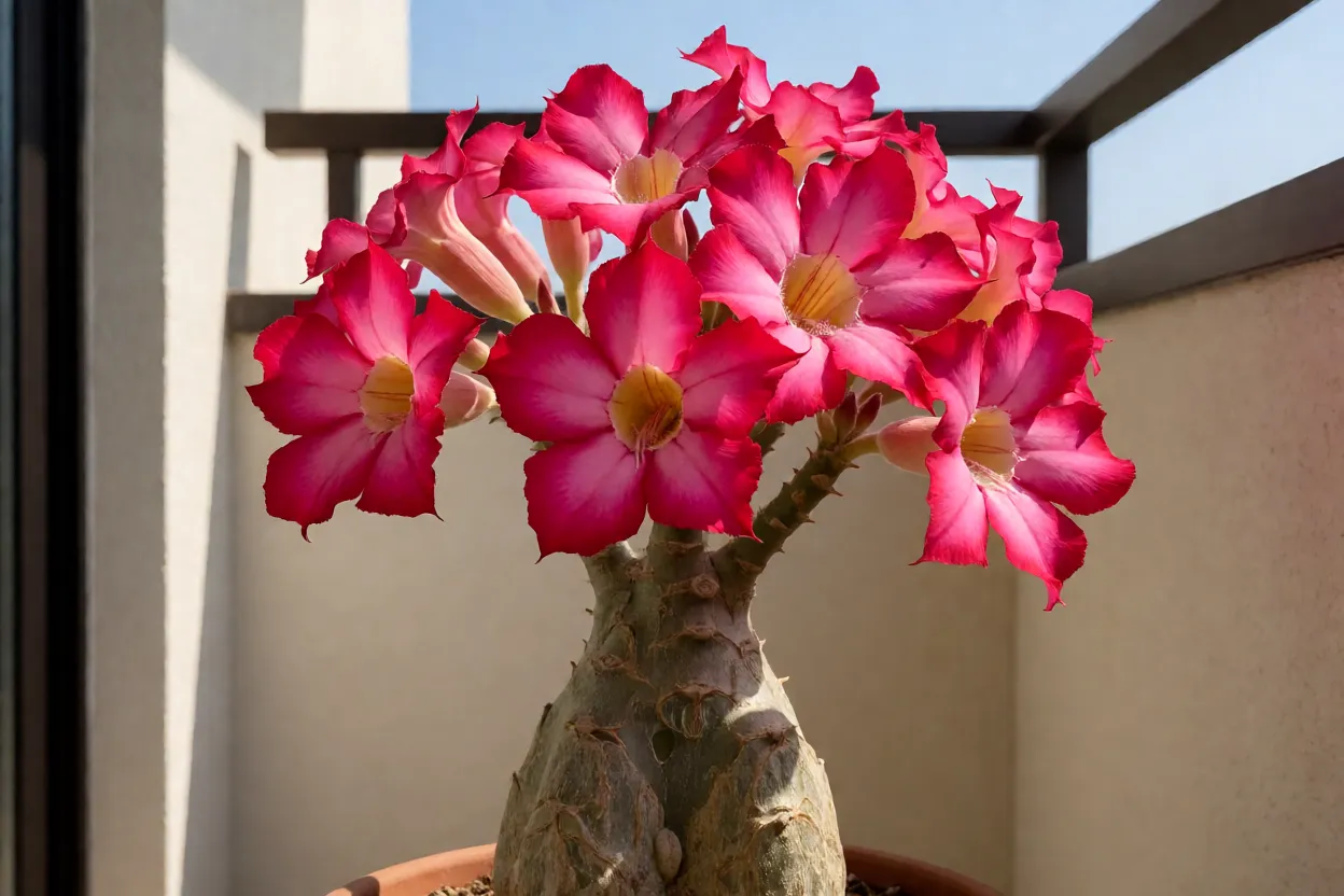 Rosa-do-deserto florida em varanda ensolarada