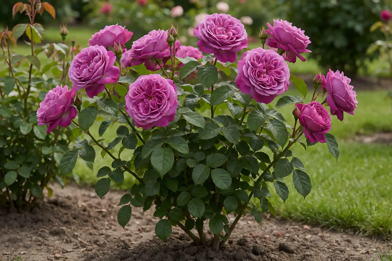 Rosa-mística adulta em canteiro com flores duplas magenta e lilás