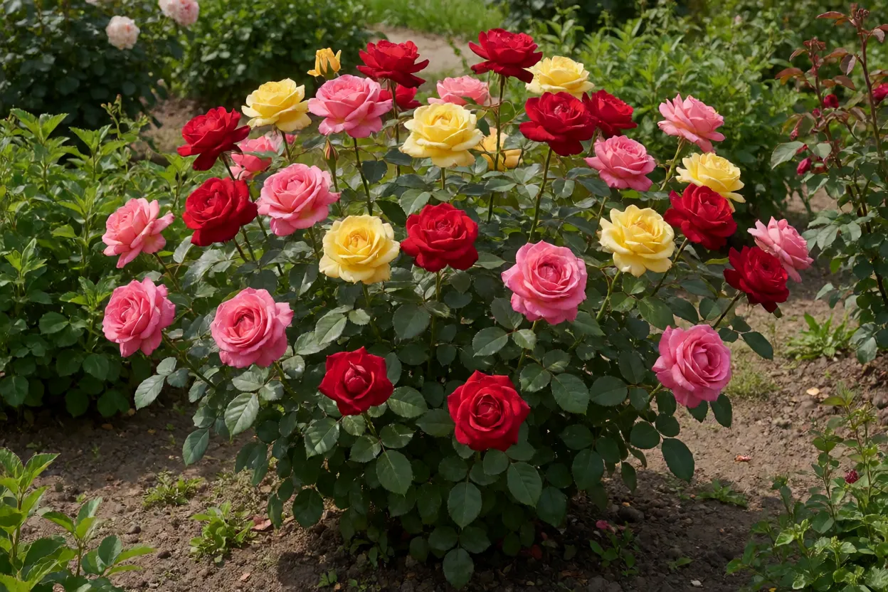 Roseira adulta florida em canteiro de jardim com várias flores coloridas