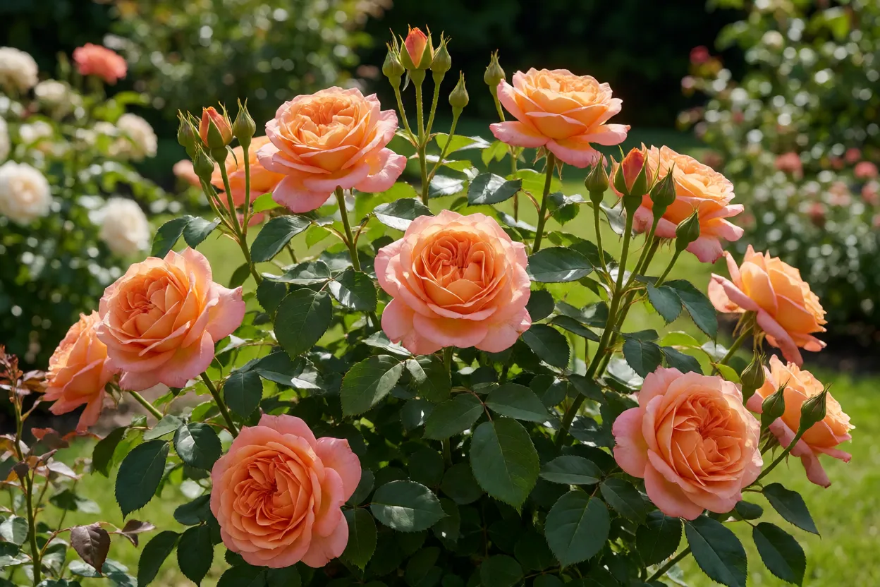 Roseira com muitas flores abertas e bot&otilde;es novos