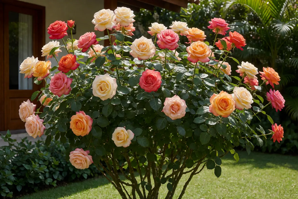 Roseira florida em jardim residencial bem cuidado