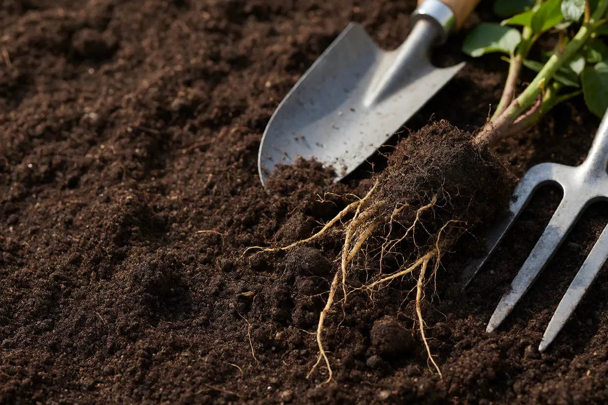 Solo f&eacute;rtil e bem drenado preparado para plantar roseira