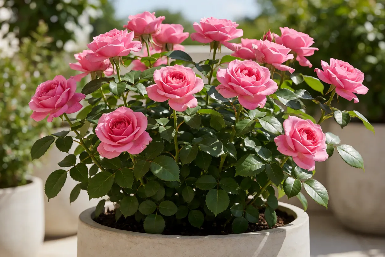 Roseira compacta florescendo em vaso em varanda ensolarada