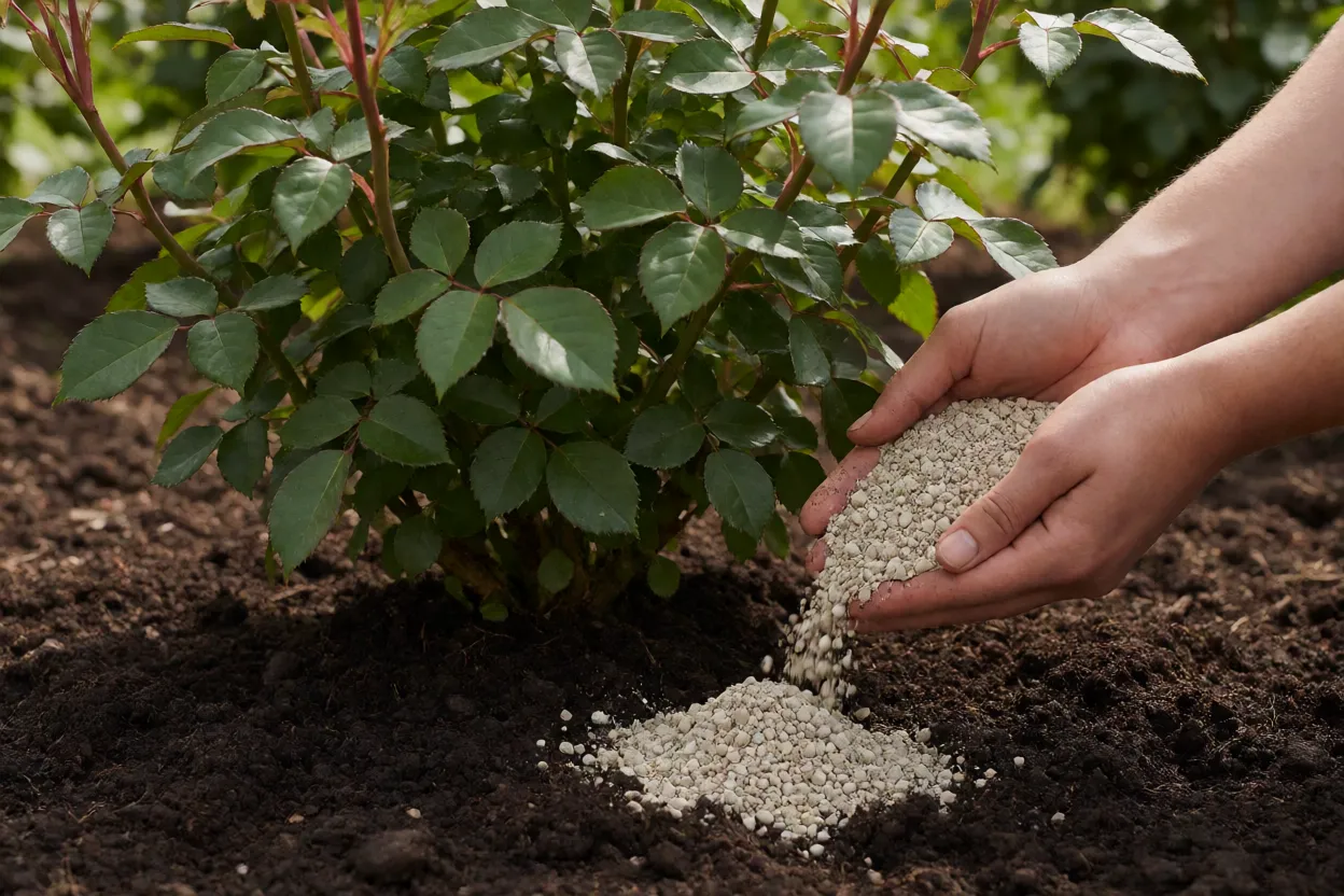 Aduba&ccedil;&atilde;o de roseira com mat&eacute;ria org&acirc;nica ao redor da planta