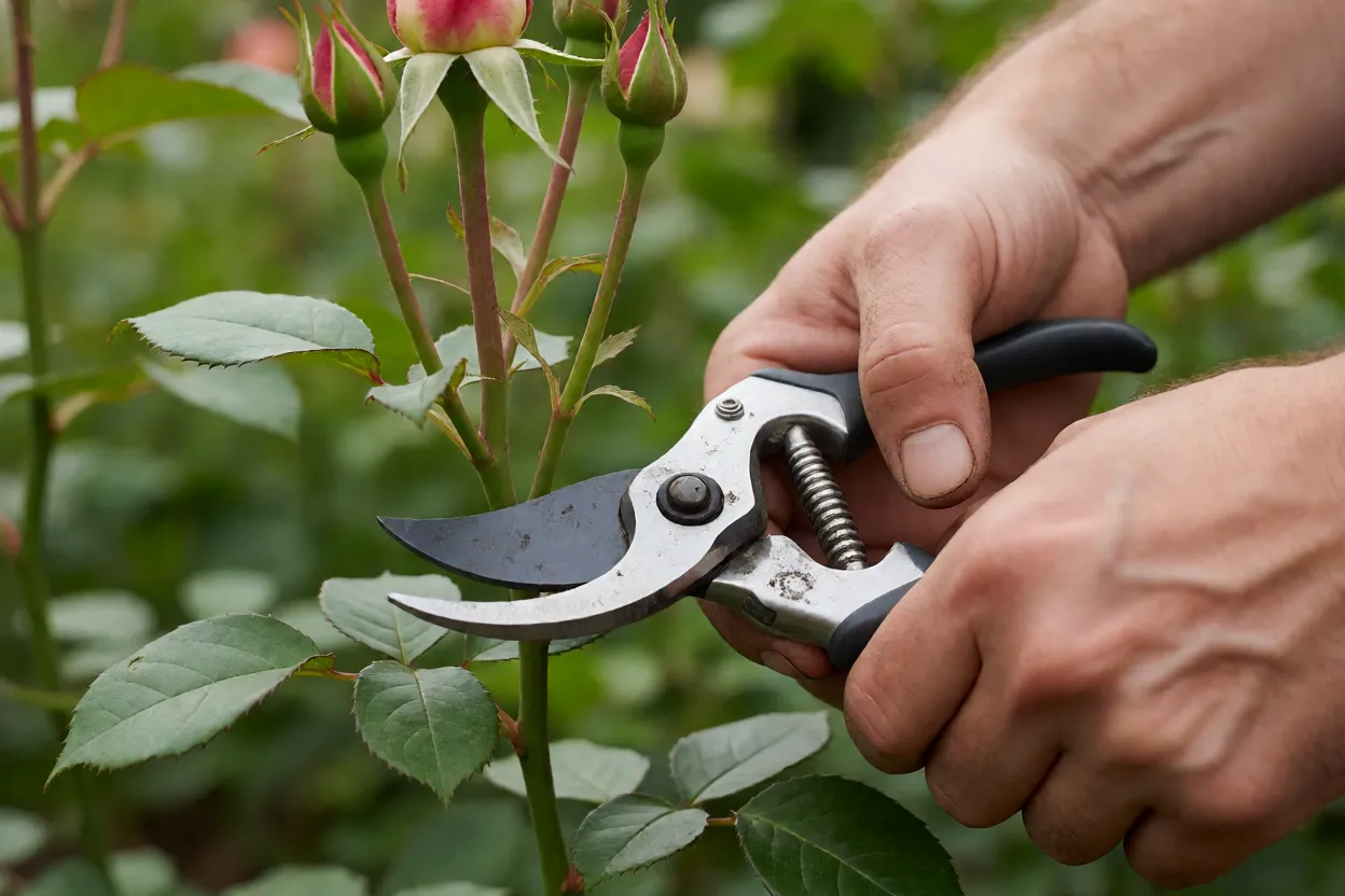 Poda de roseira com tesoura de jardinagem limpa