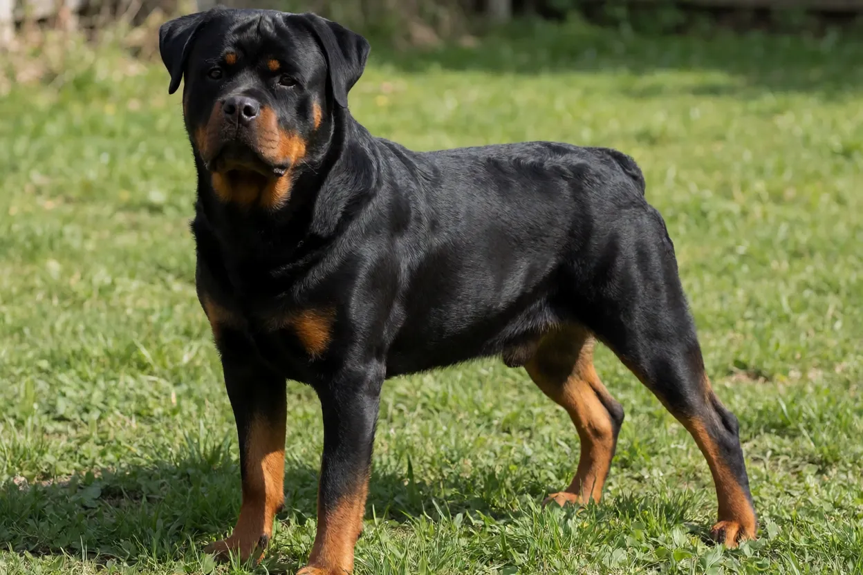 Rottweiler Rottweiler adulto em pé na grama, visto de três quartos, com pelagem preta e castanha