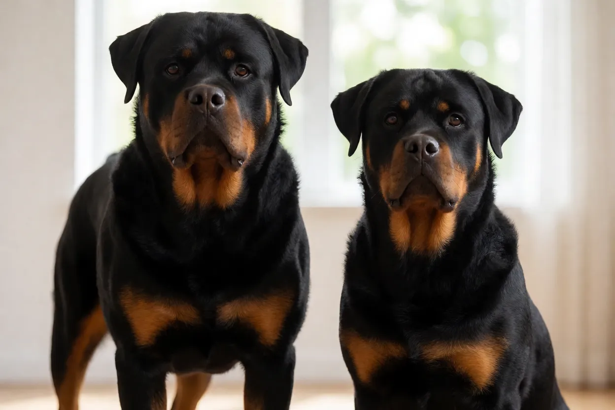 Rottweiler macho e f&ecirc;mea lado a lado mostrando diferen&ccedil;a de porte