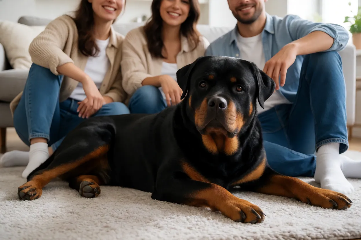 Rottweiler relaxado ao lado da fam&iacute;lia em ambiente dom&eacute;stico