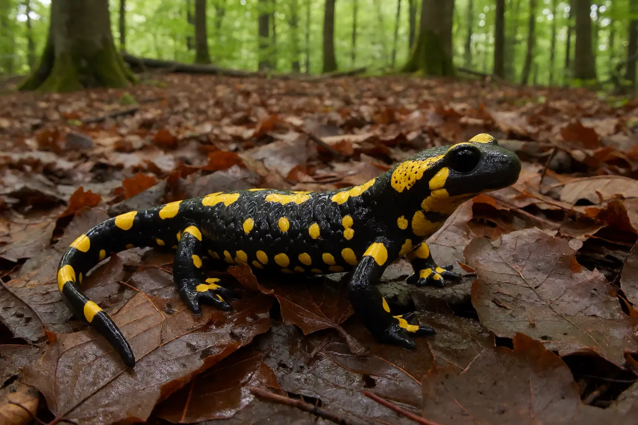 Salamandra-de-fogo adulta preta com manchas amarelas na serapilheira úmida