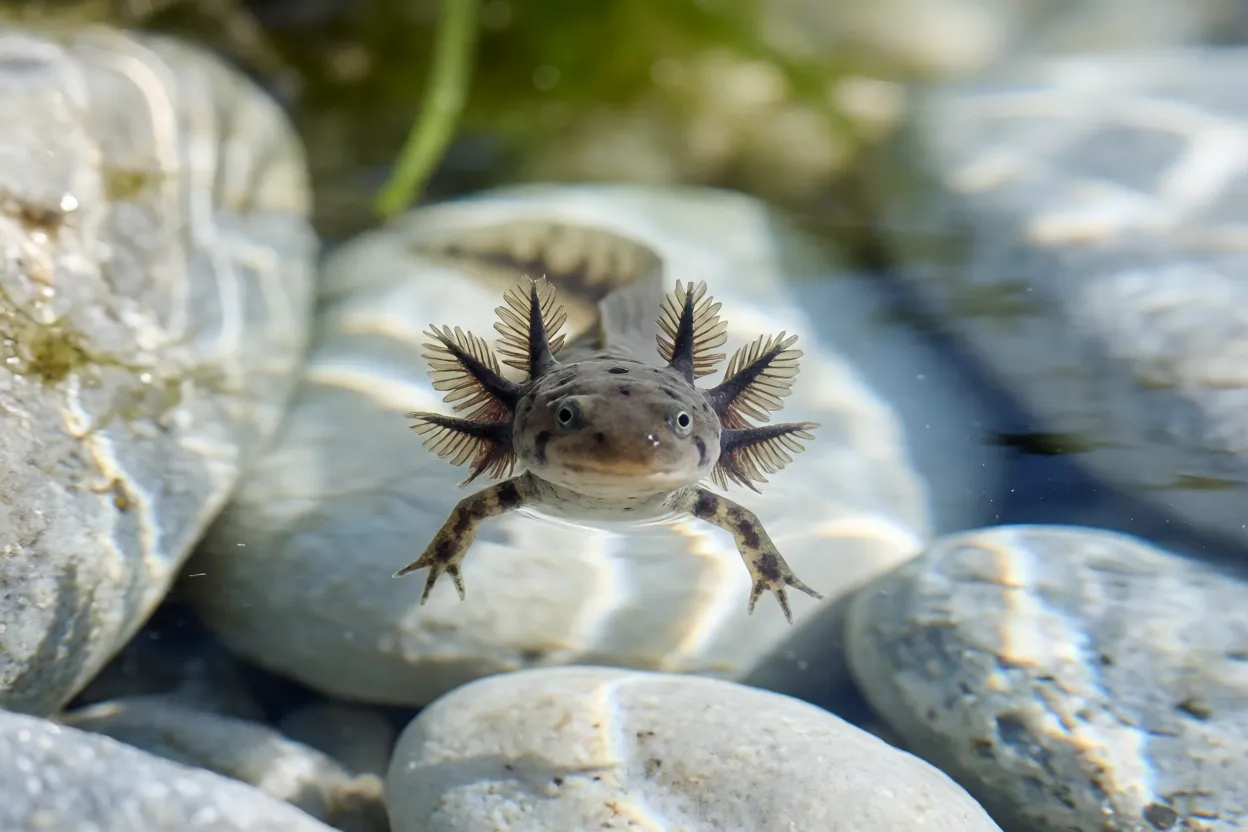 Larva aquática de salamandra com brânquias externas