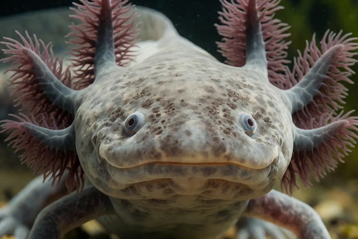Close da cabeça da salamandra-axolote com brânquias externas detalhadas
