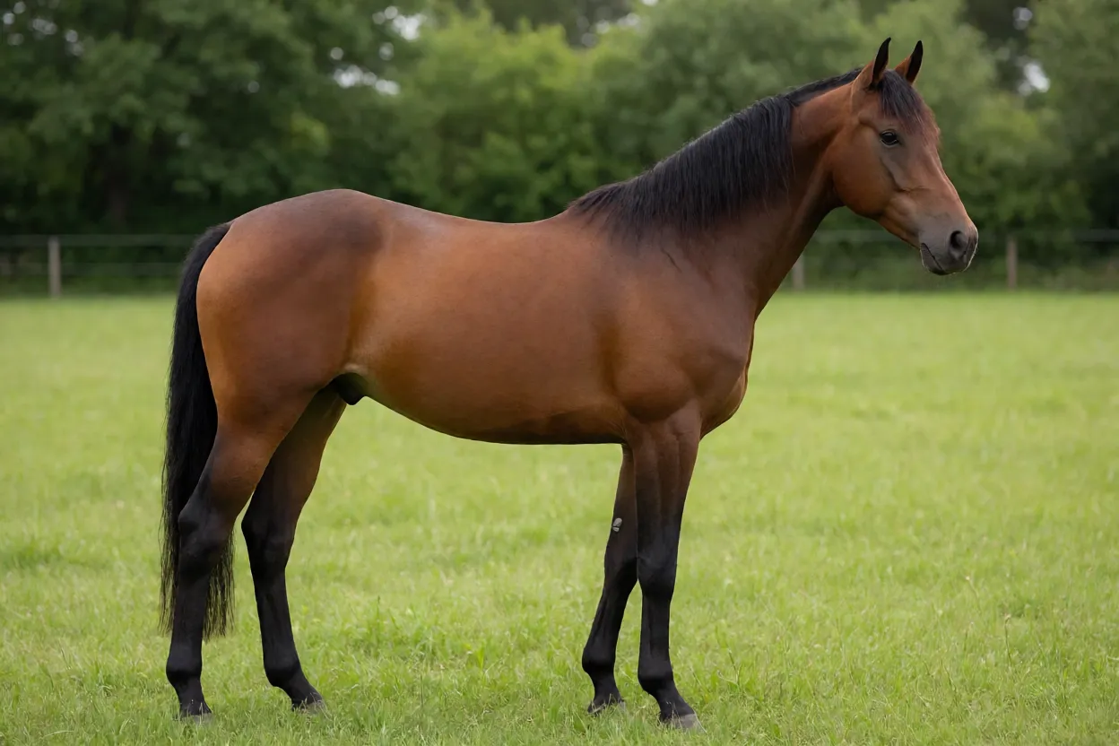 Cavalo Salernitano adulto castanho em perfil na pastagem