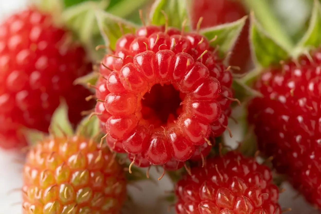 Close-up de frutos de Salmonberry mostrando textura e interior oco