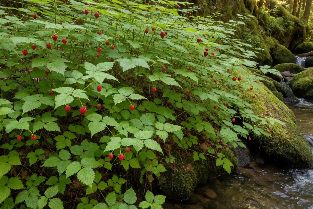 Moita de Salmonberry na beira de riacho em floresta temperada úmida