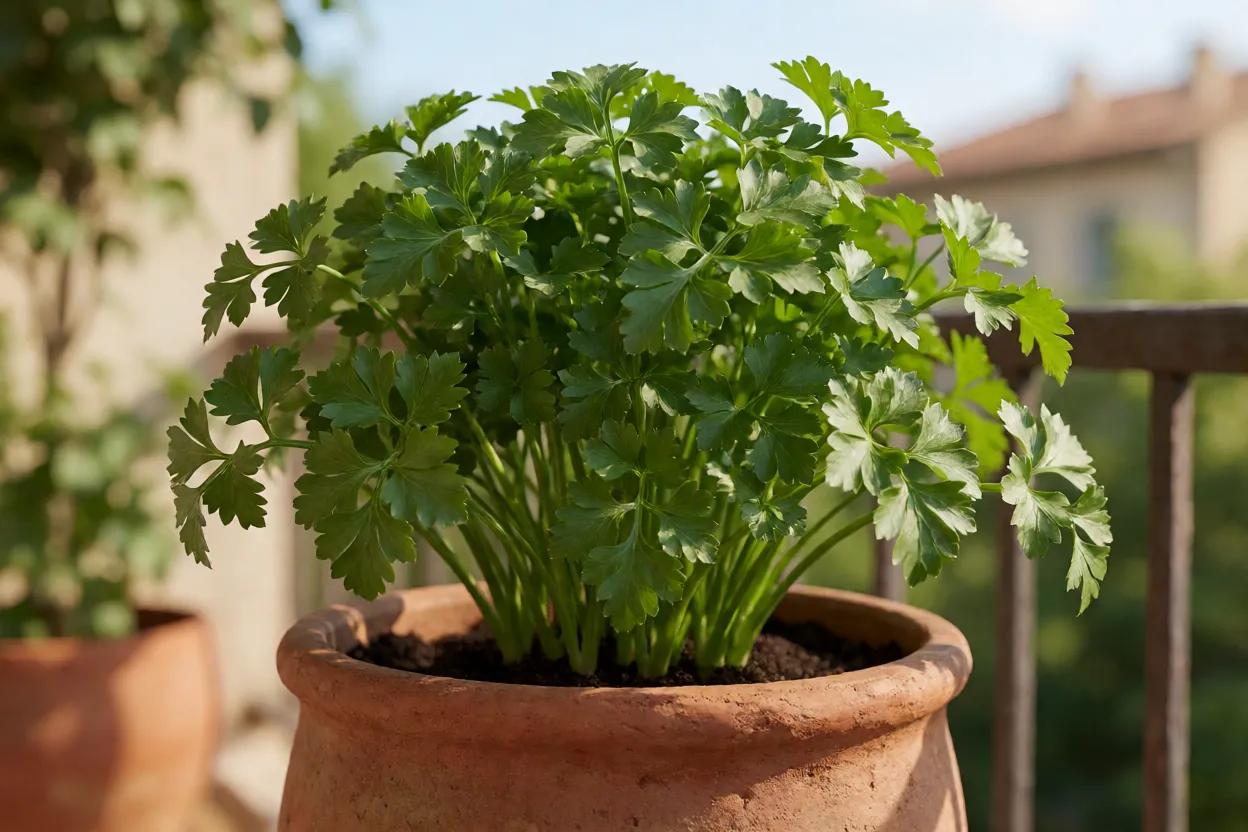 Salsa adulta em vaso de barro em varanda ensolarada