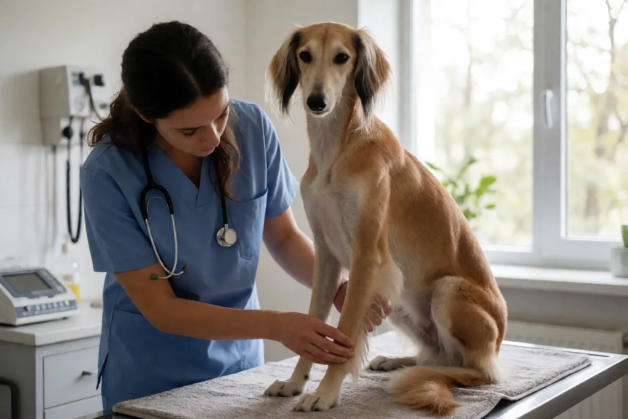 Saluki sendo examinado por um veterin&aacute;rio