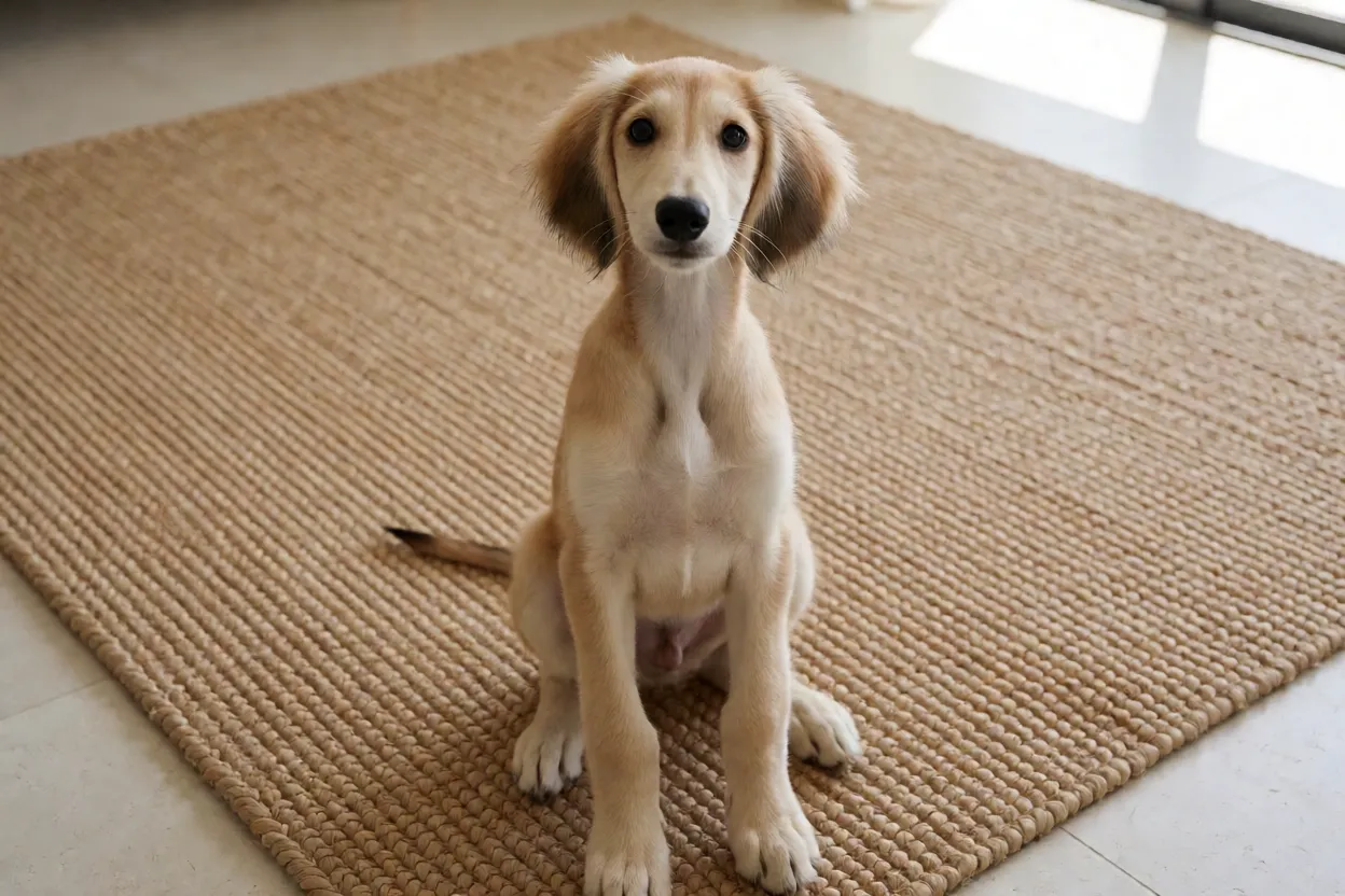 Filhote de Saluki franjado em um tapete