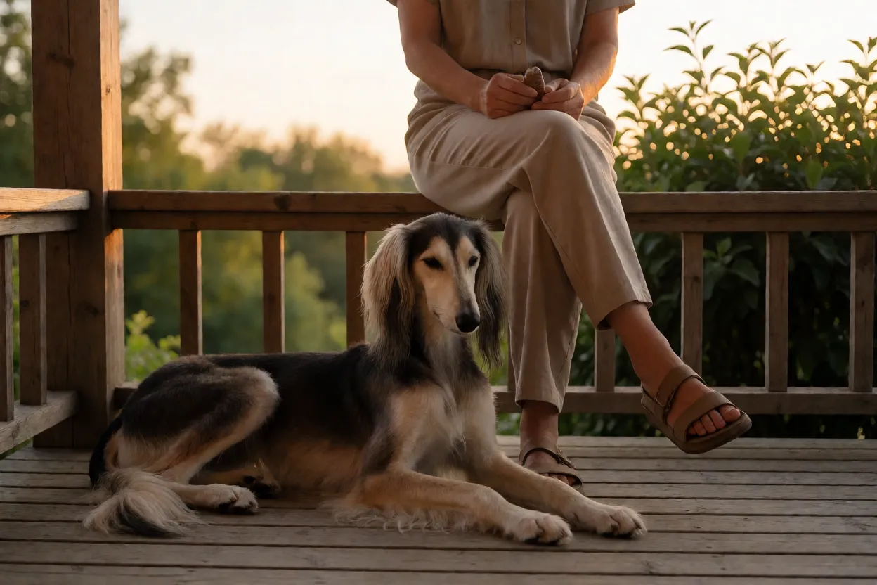 Saluki descansando ao lado do tutor ao entardecer