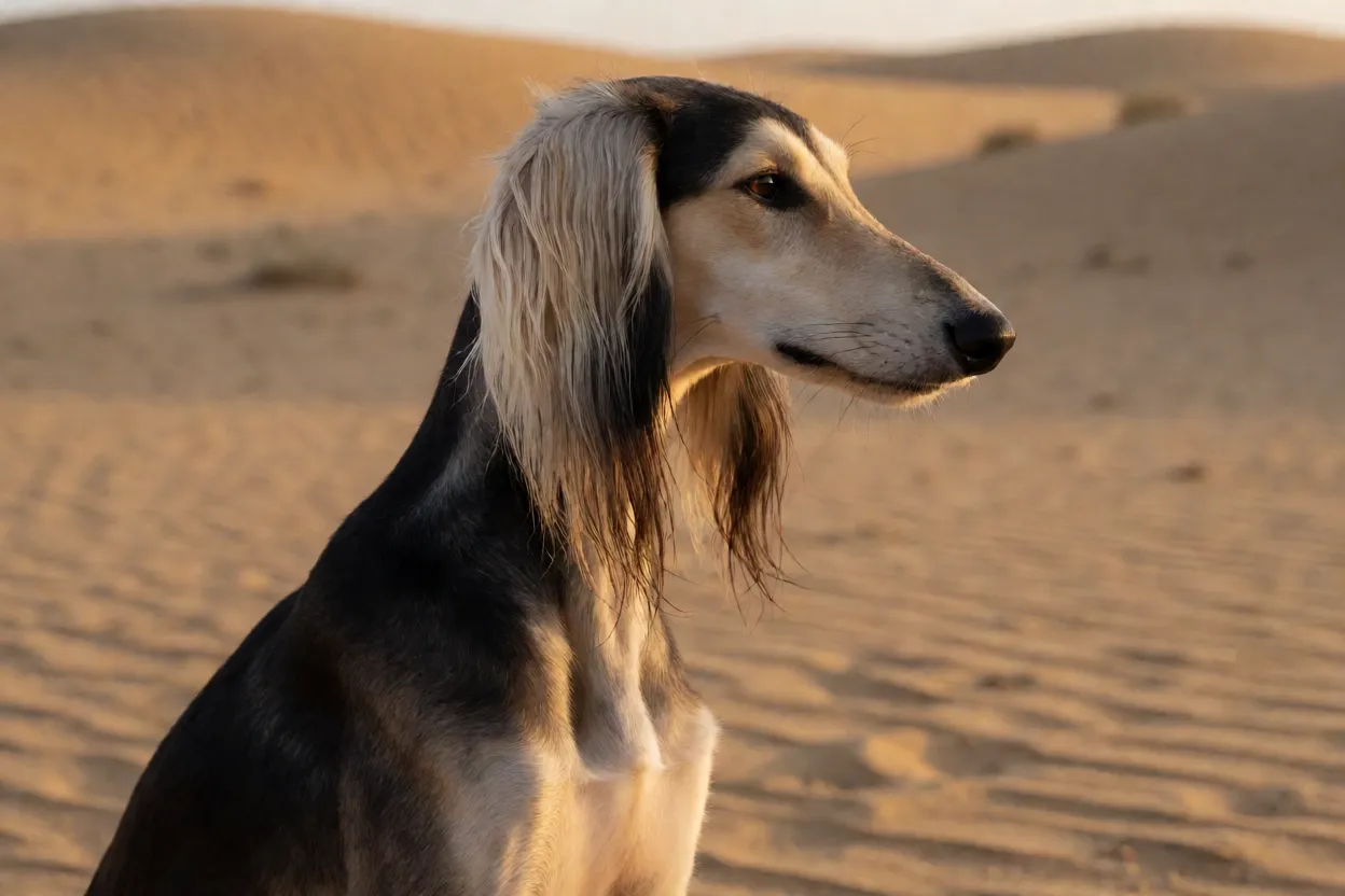 Saluki de perfil em paisagem des&eacute;rtica ao entardecer