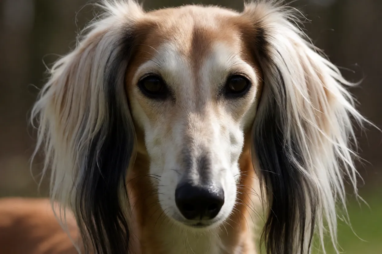 Detalhe da cabe&ccedil;a longa e estreita de um Saluki com orelhas sedosas