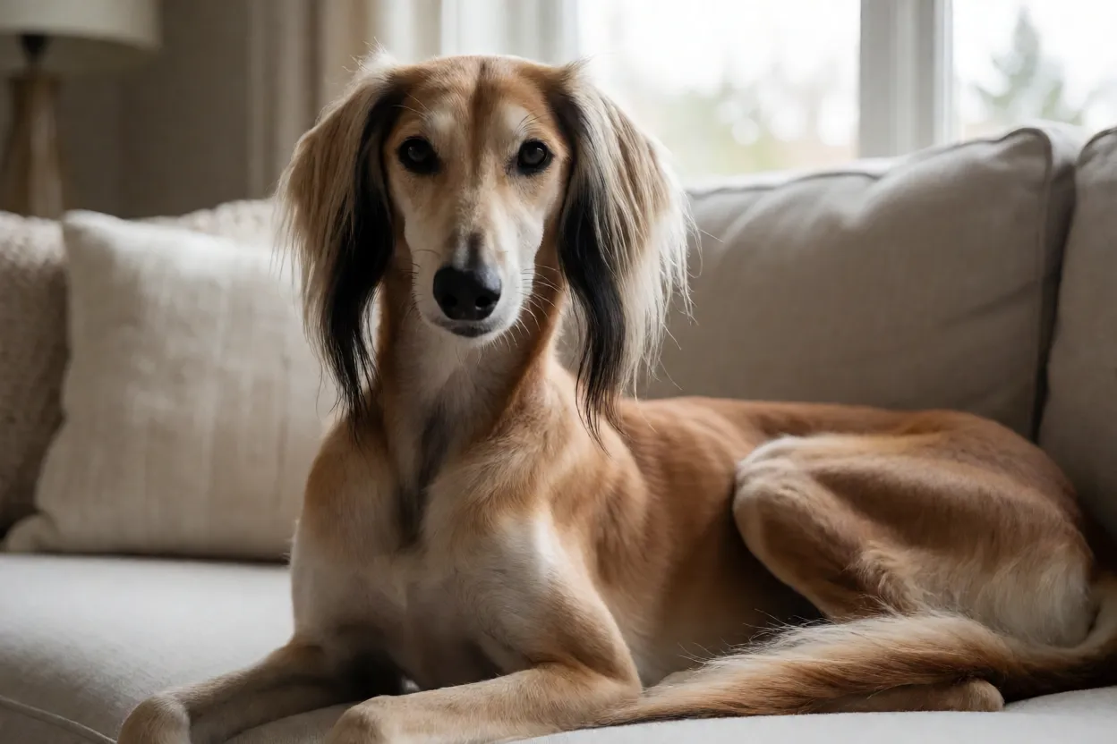 Saluki deitado em um sof&aacute;, calmo e atento