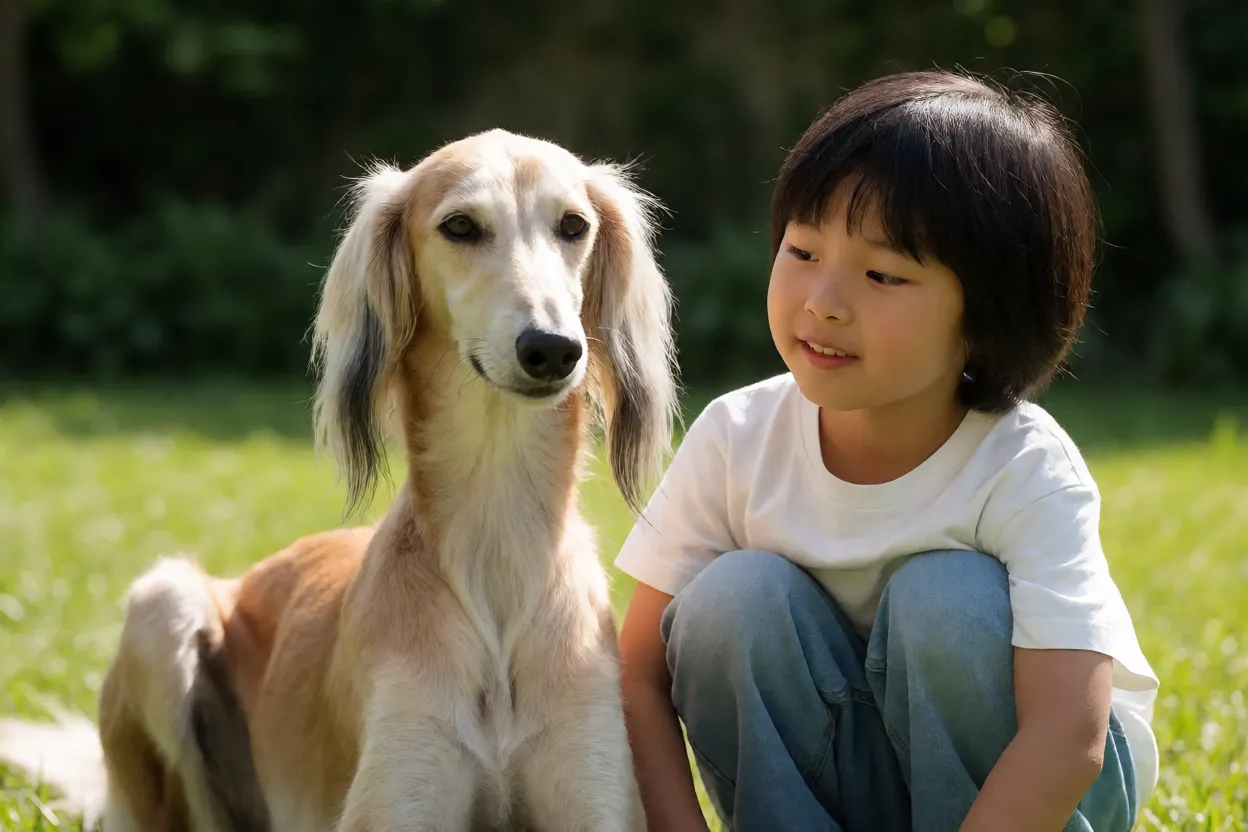 Saluki ao lado de uma crian&ccedil;a em um jardim