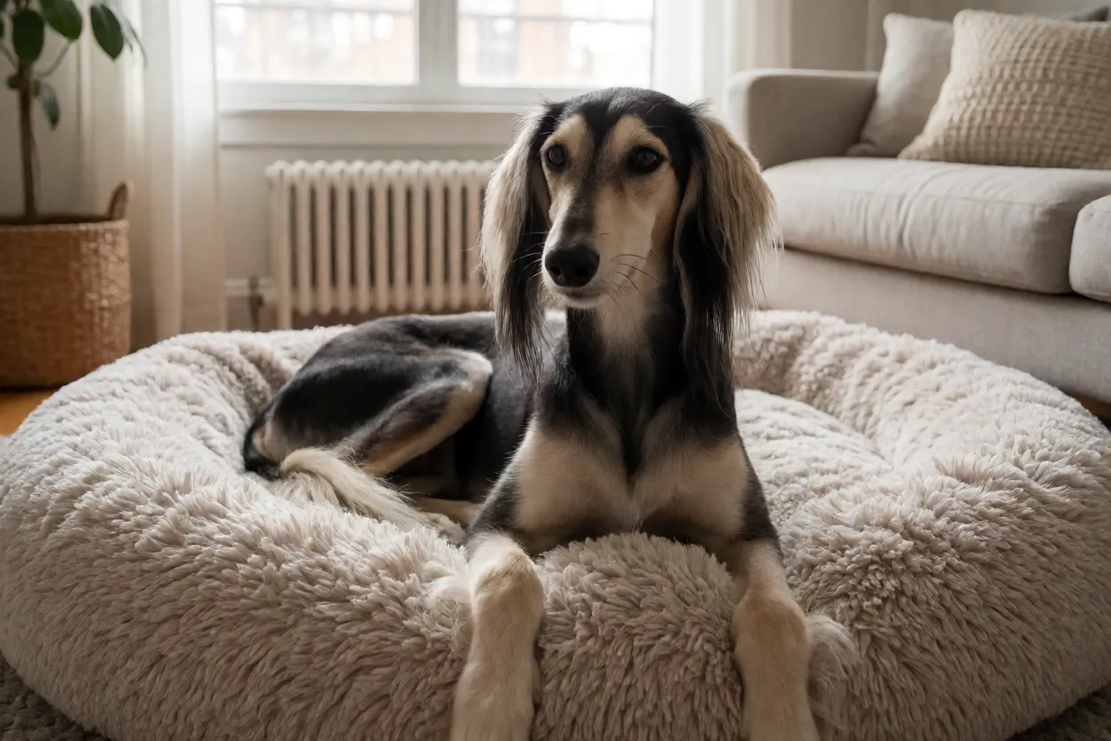 Saluki descansando em uma sala de apartamento com cama macia