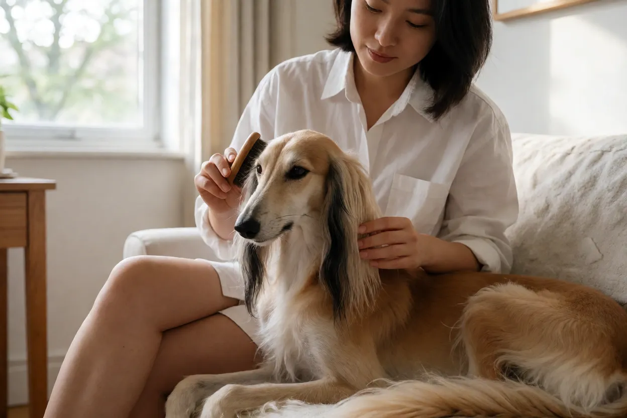 Tutor escovando as franjas de um Saluki