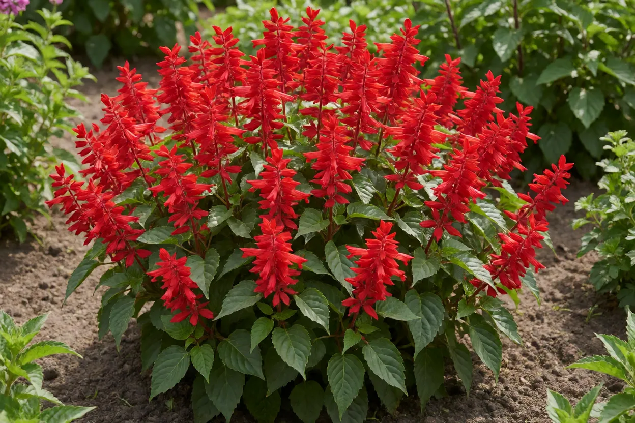 Sálvia vermelha Salvia splendens florida em canteiro de jardim