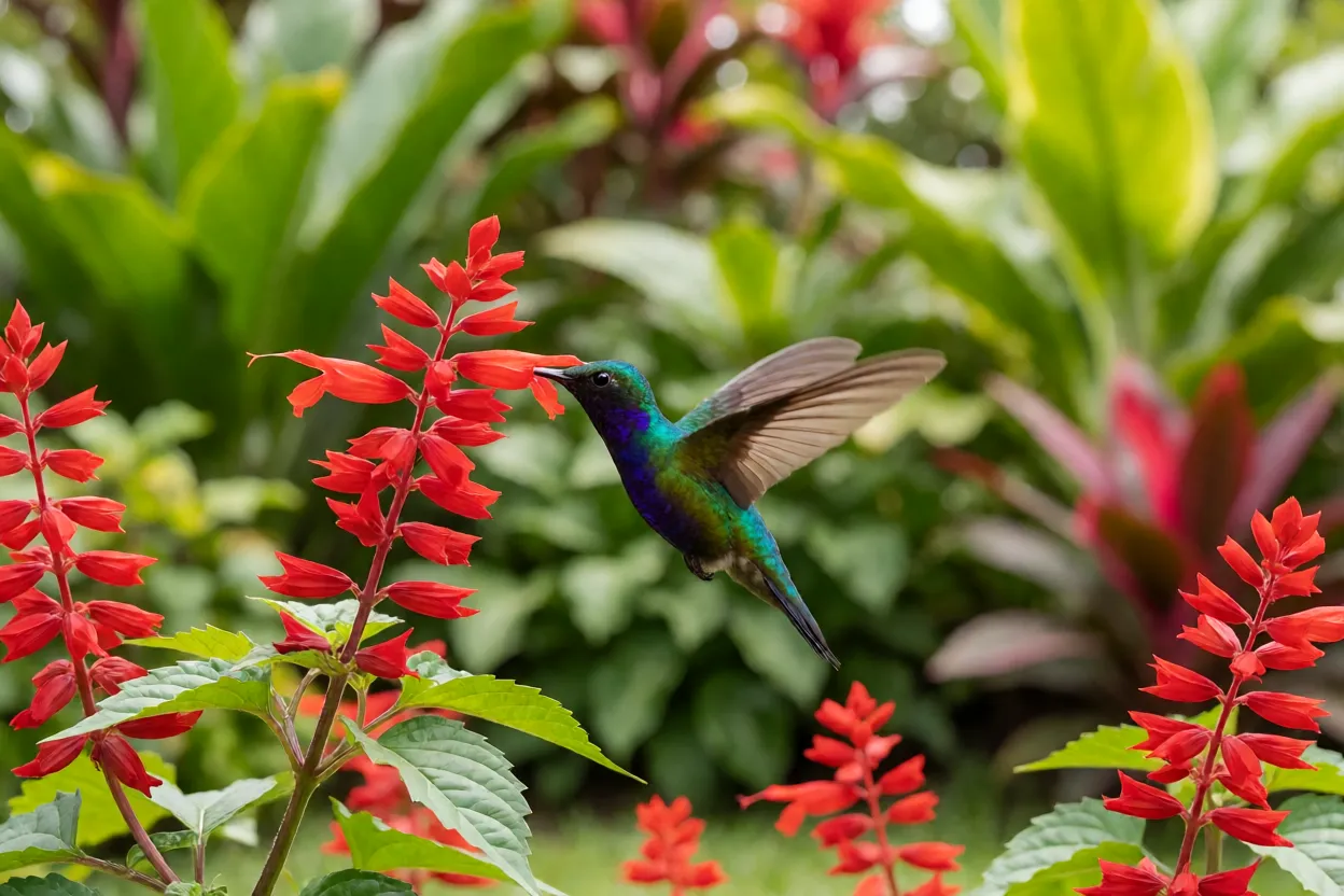 Beija-flor se alimentando em flor de sálvia vermelha