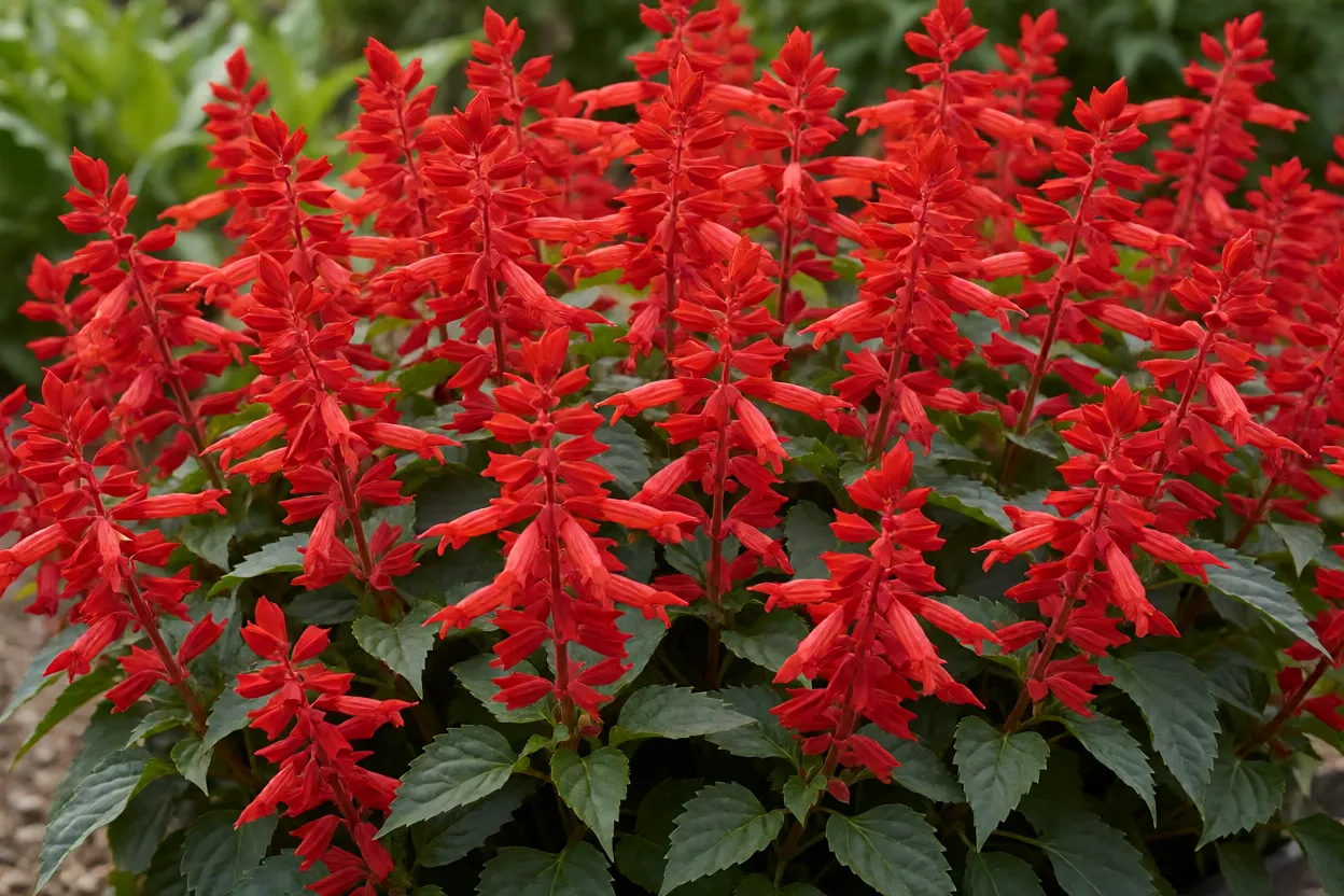Sálvia: como cultivar, floração e cuidados com a planta Salvia splendens com espigas de flores vermelhas intensas em canteiro ensolarado