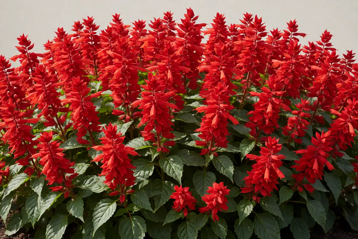 Sálvia: como cultivar, floração e cuidados com a planta Canteiro exuberante de Salvia splendens em plena floração