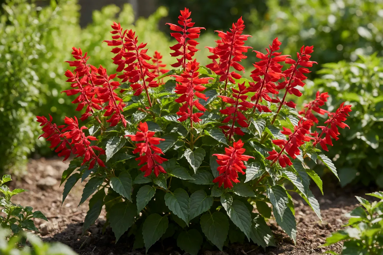 Sálvia: como cultivar, floração e cuidados com a planta Salvia splendens plantada em canteiro a pleno sol com flores vermelhas