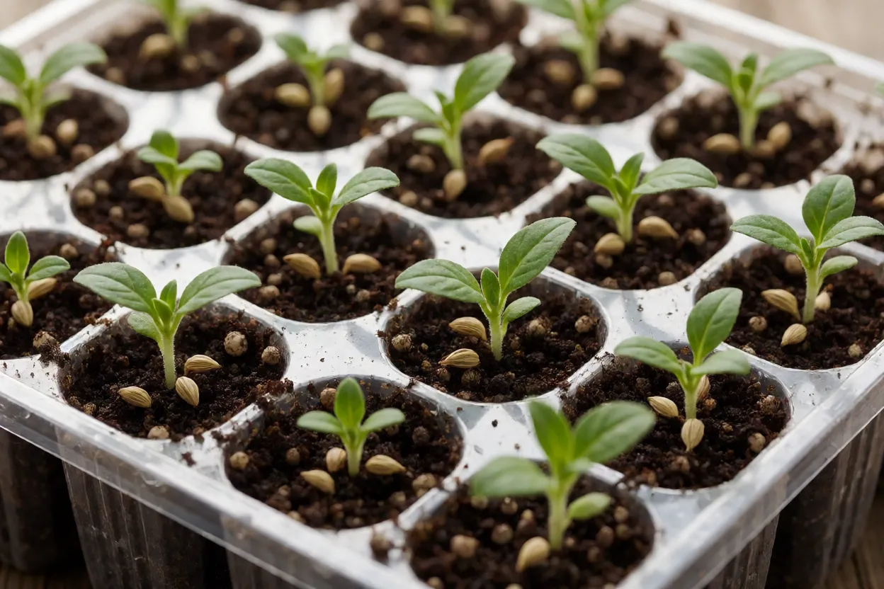 Sálvia: como cultivar, floração e cuidados com a planta Sementes e mudas jovens de Salvia splendens em bandeja de germinação
