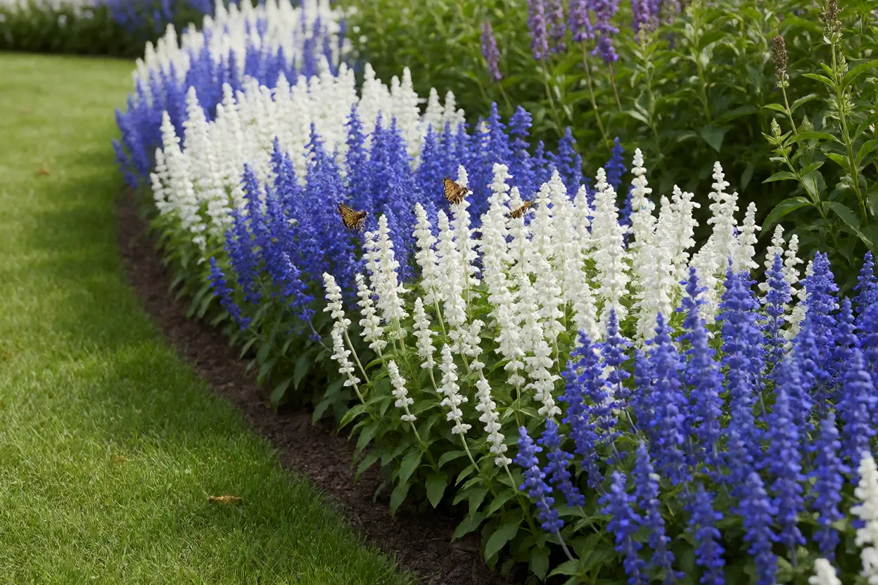Bordadura de sálvia-farinhenta azul e branca em jardim