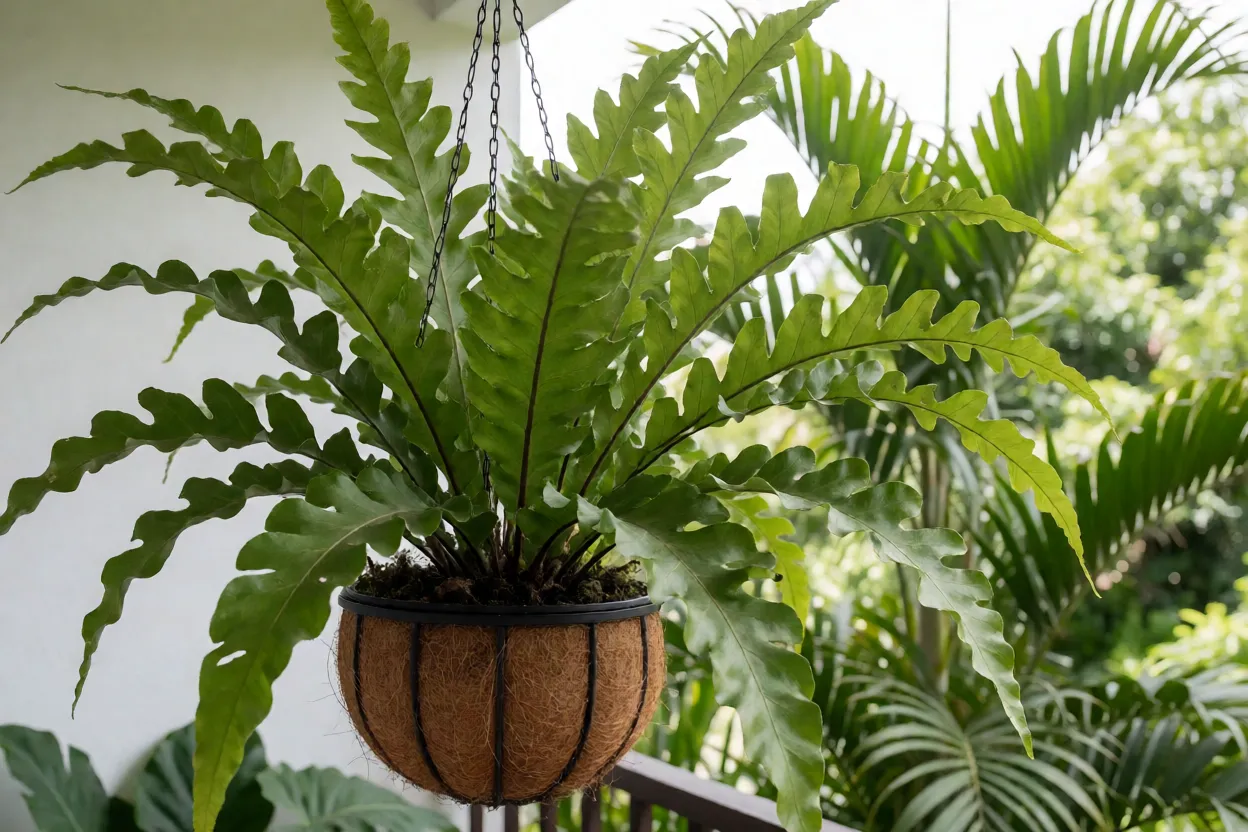 Samambaia-amazonas adulta em vaso suspenso de fibra de coco com frondes grandes arqueadas