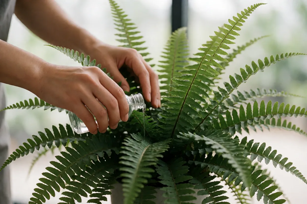 Samambaia-americana: características, crescimento e como cuidar Aplicação de fertilizante líquido em samambaia-americana