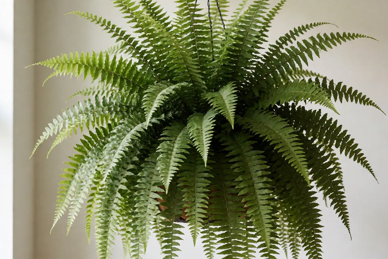 Samambaia-americana: características, crescimento e como cuidar Samambaia-americana densa e volumosa em vaso suspenso
