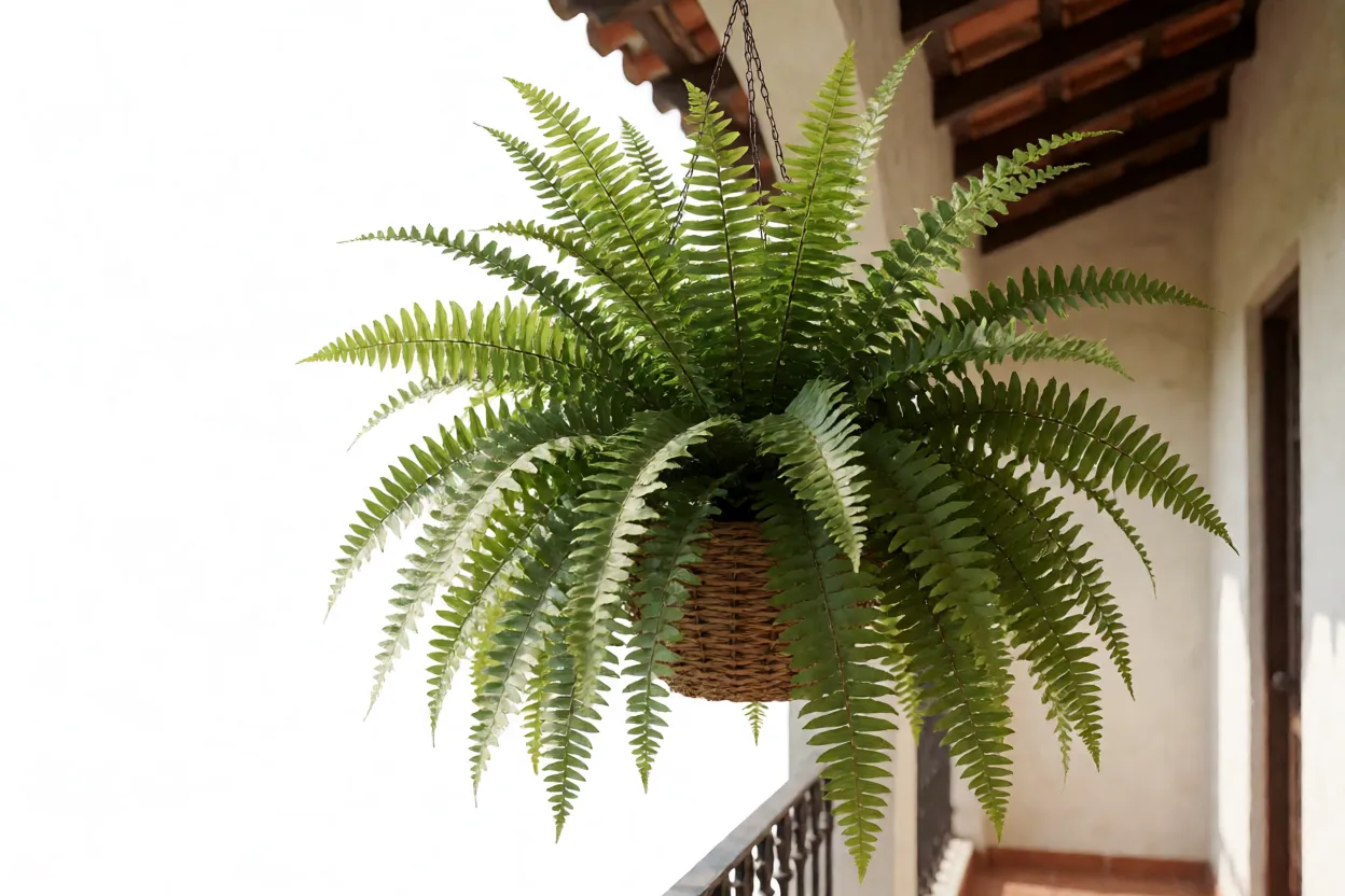 Samambaia-americana: características, crescimento e como cuidar Samambaia-americana em vaso suspenso decorando varanda