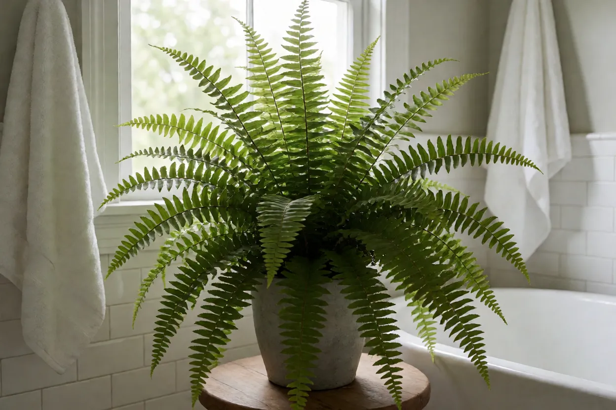 Samambaia-americana: características, crescimento e como cuidar Samambaia-americana em banheiro úmido com luz natural