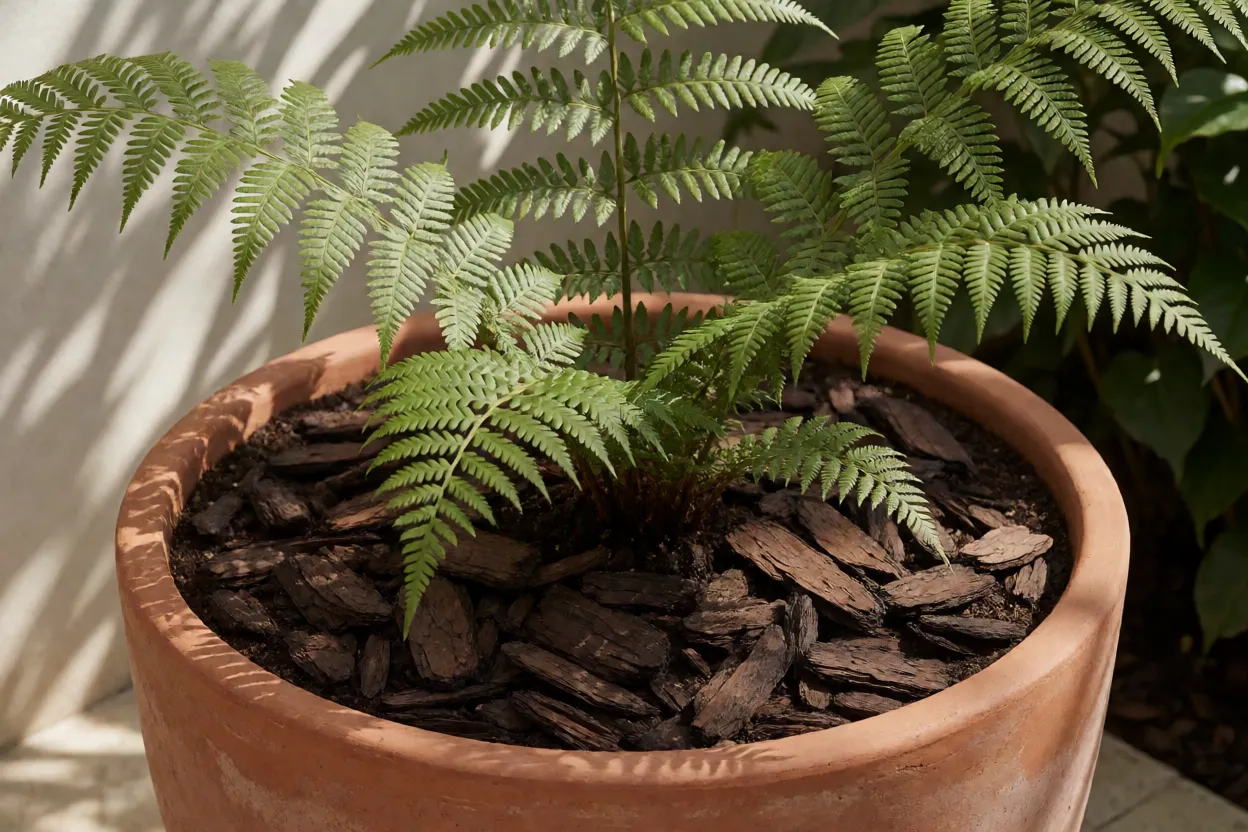 Muda jovem de samambaiaçu-do-brejo em vaso grande com substrato orgânico