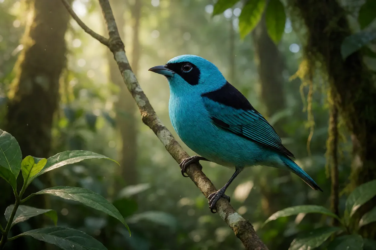 Sanhaço-azul macho adulto com plumagem azul-turquesa e máscara preta pousado em galho fino