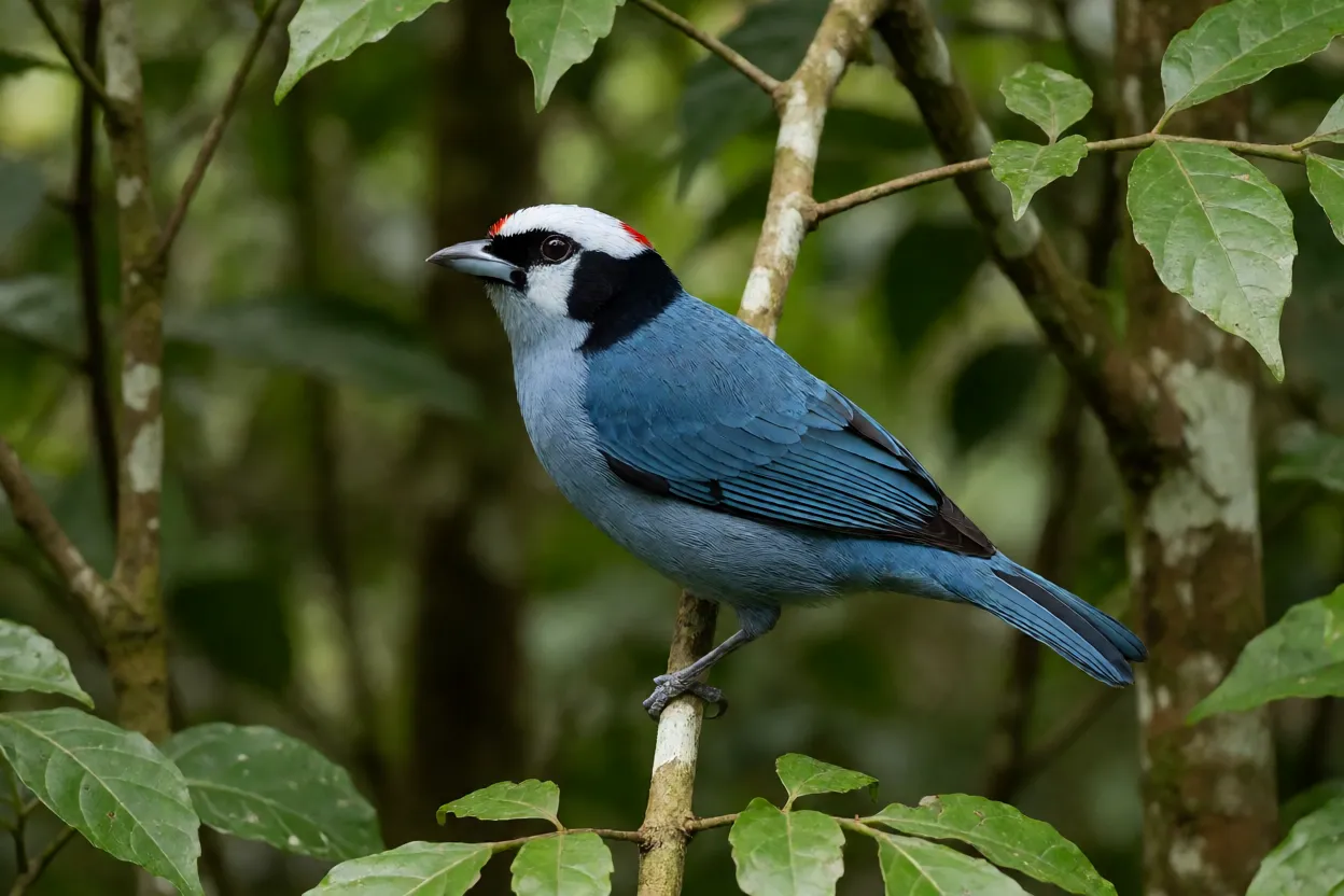 Sanhaço-frade de corpo inteiro pousado em galho mostrando plumagem azul e coroa branca