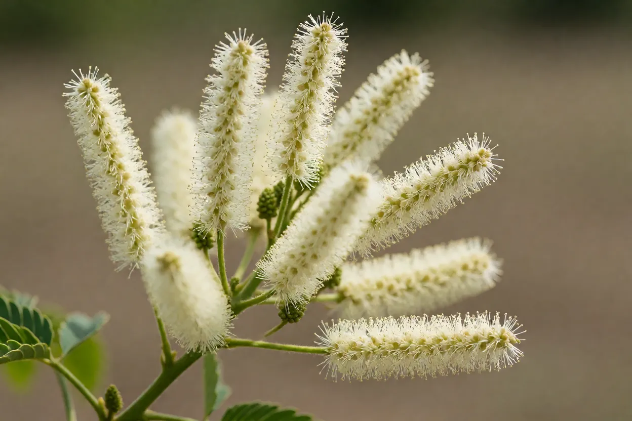 Sansão-do-campo: características, crescimento, poda e cuidados Flores branco-creme em espigas do sansão-do-campo